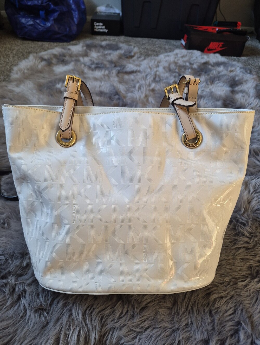 Michael Kors Jet Set Cream Patent Logo Tote with Gold Hardware